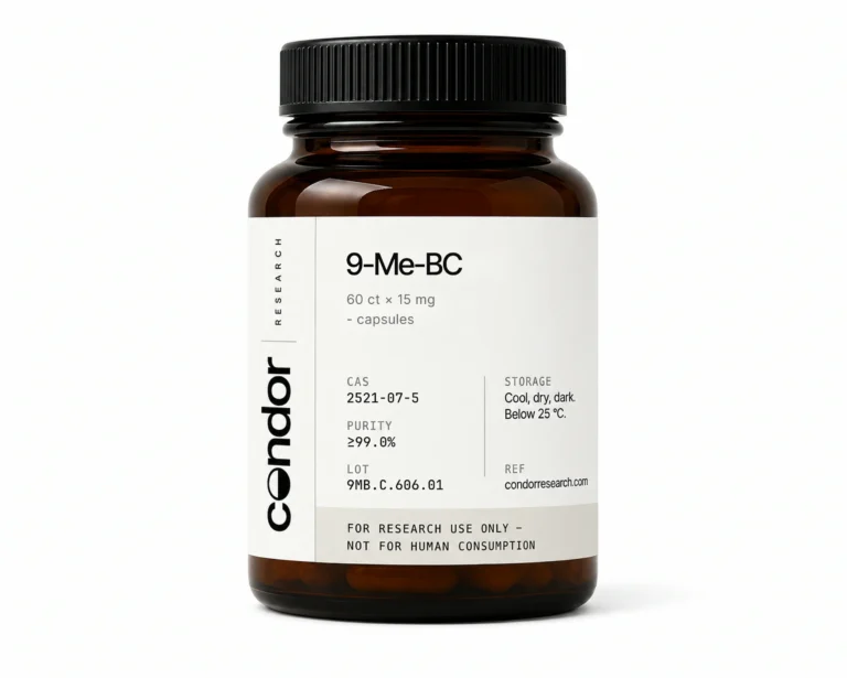9-Me-BC Capsules — 60-count bottle, 15mg per capsule. Research-use-only reference compound. Condor Research.