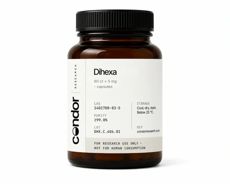 Dihexa Capsules — 60-count bottle, 5mg per capsule. Research-use-only reference compound. Condor Research.
