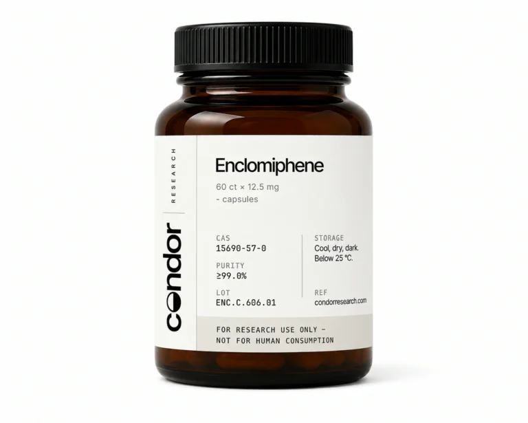 Enclomiphene Capsules — 60-count bottle, 12.5mg per capsule. Research-use-only reference compound. Condor Research.