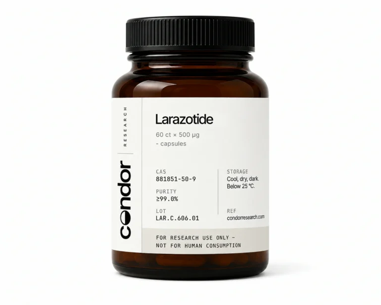 Larazotide Capsules — 60-count bottle, 500mcg per capsule. Research-use-only reference compound. Condor Research.