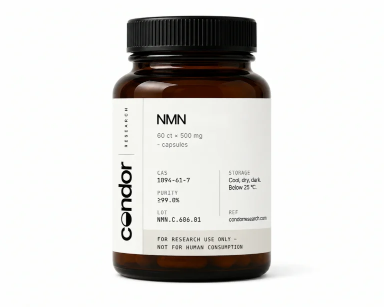 NMN Capsules — 60-count bottle, 500mg per capsule. Research-use-only reference compound. Condor Research.