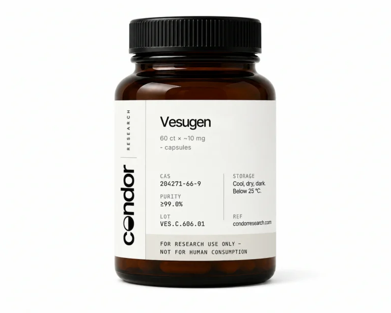 Vesugen Capsules — 60-count bottle, 10mg per capsule. Research-use-only reference compound. Condor Research.