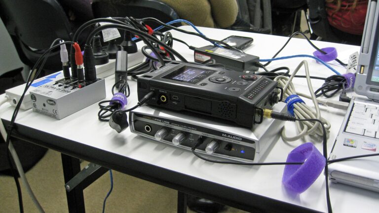 A podcast recording setup with microphone and headphones