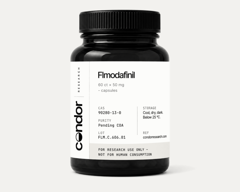 Bottle of Flmodafinil CRL-40,940 research capsules, 60 count, 50 mg analytical reference quantity per unit, Condor Research