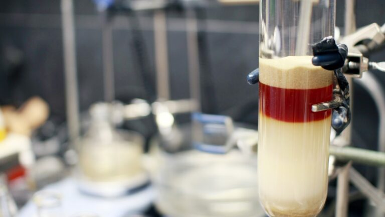 Glass chromatography column with a separated coloured band during purification