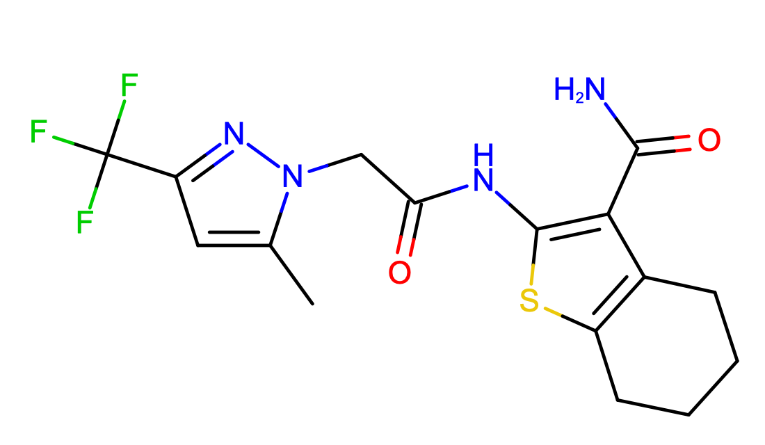 Two-dimensional chemical structure of HBT1: a tetrahydrobenzothiophene bearing a primary carboxamide, linked through an acetamide bridge to a pyrazole ring substituted with a methyl group and a trifluoromethyl group.